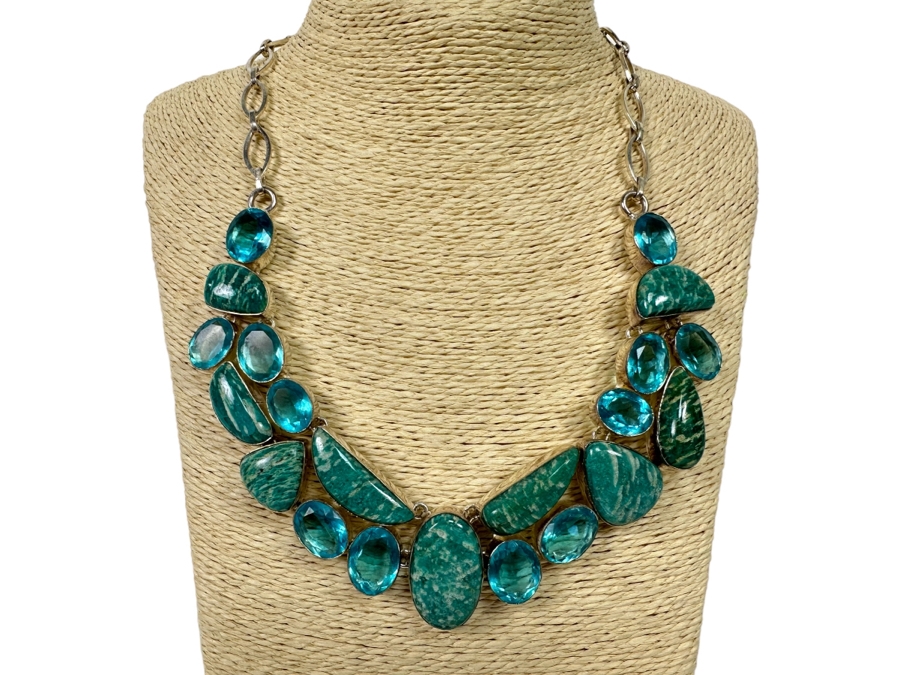 Sterling Silver Statement Necklace With Stones 20'L 104.4g [Photo 1]