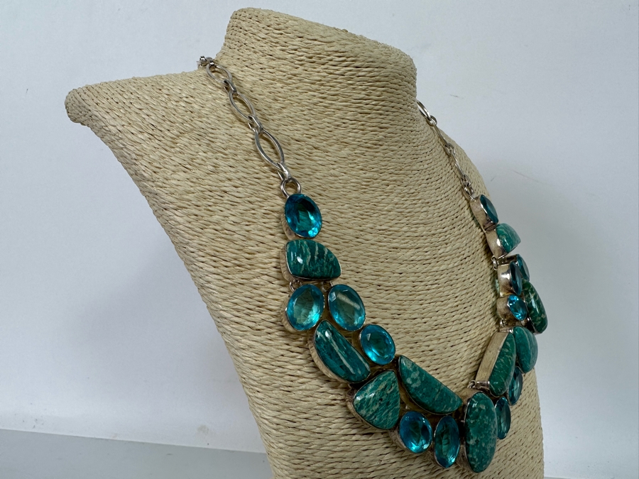 Sterling Silver Statement Necklace With Stones 20'L 104.4g [Photo 9]