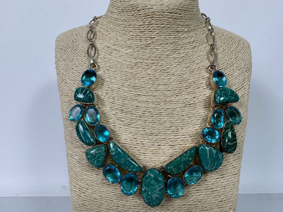 Sterling Silver Statement Necklace With Stones 20'L 104.4g [Photo 3]