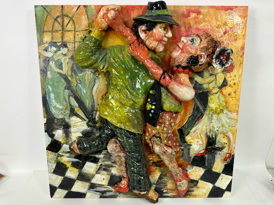 Bonnie Lee Roth (B. 1942, Southern California) Original Mixed-Media 3D Sculpture Mounted On Painted Board Cheerful Jewish Couple Dancing With Brilliant Colors 30W X 30H X 9D [Photo 2]