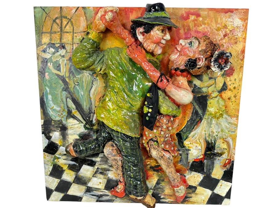 Bonnie Lee Roth (B. 1942, Southern California) Original Mixed-Media 3D Sculpture Mounted On Painted Board Cheerful Jewish Couple Dancing With Brilliant Colors 30W X 30H X 9D [Photo 1]
