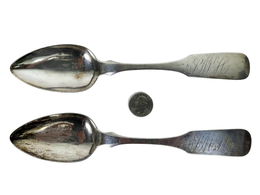 Antique 1821 Pair Of Coin Silver Spoons By J. Peters 98g