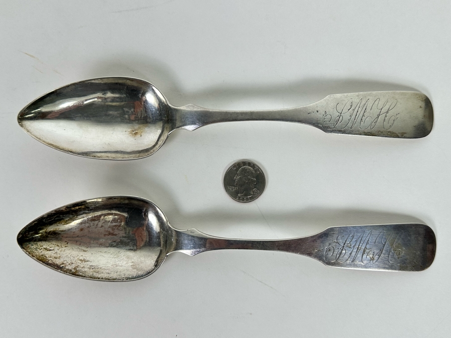 Antique 1821 Pair Of Coin Silver Spoons By J. Peters 98g [Photo 4]