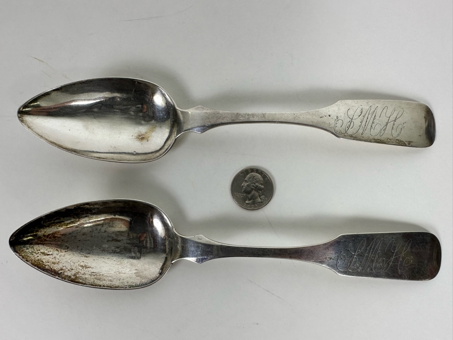 Antique 1821 Pair Of Coin Silver Spoons By J. Peters 98g [Photo 2]