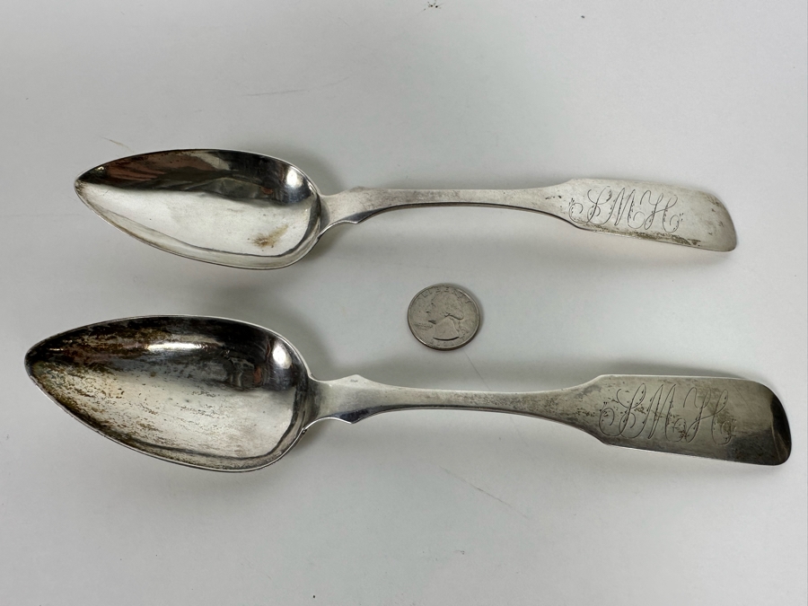 Antique 1821 Pair Of Coin Silver Spoons By J. Peters 98g [Photo 3]