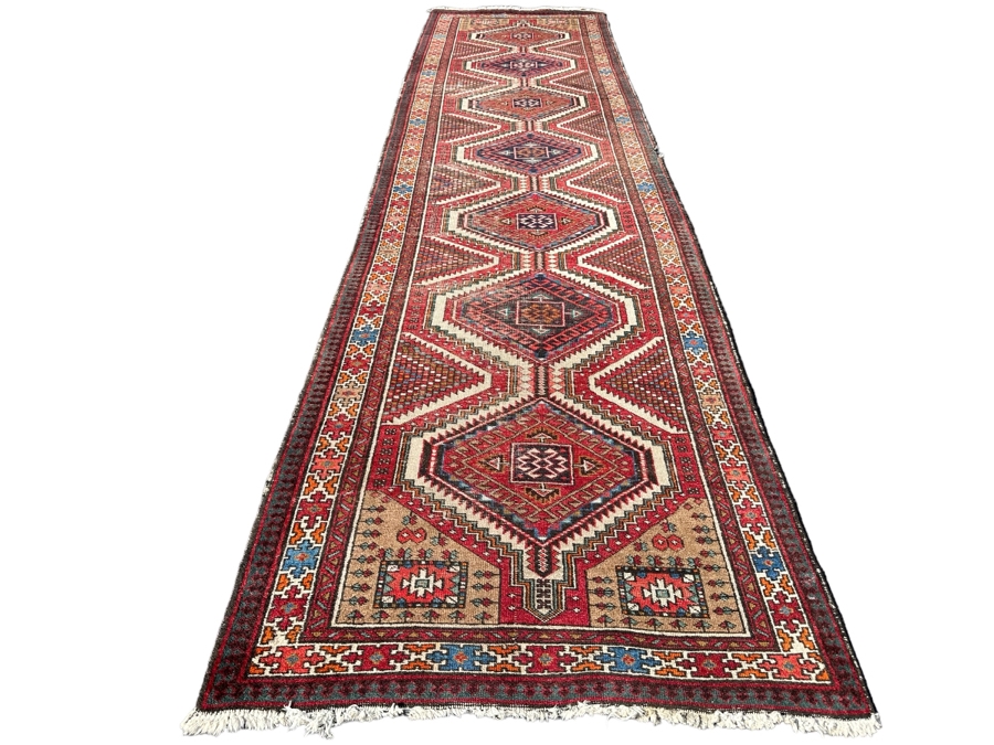 Vintage Stunning Hand-Knotted Wool Geometric Tribal Persian Heriz Runner Rug 44 X 172 (See Photos For Damage To Edge Of Rug Midway On Right)