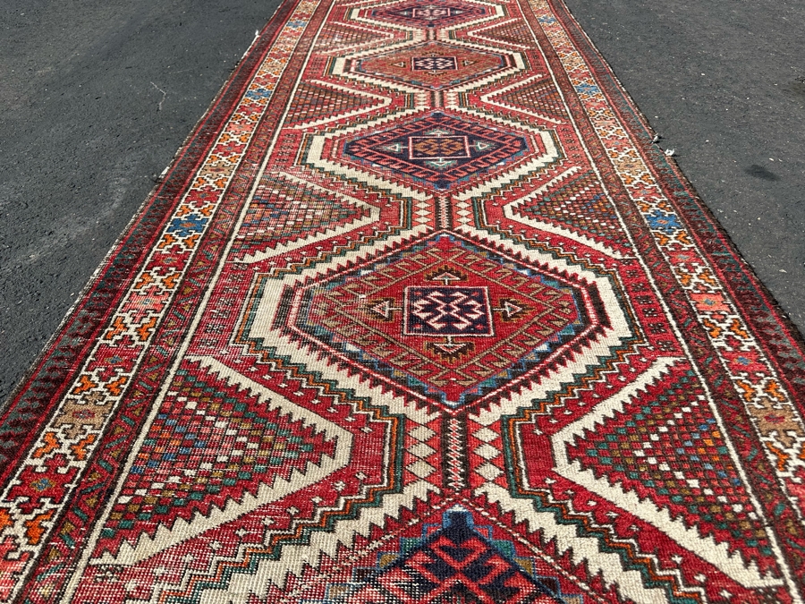 Vintage Stunning Hand-Knotted Wool Geometric Tribal Persian Heriz Runner Rug 44 X 172 (See Photos For Damage To Edge Of Rug Midway On Right) [Photo 11]
