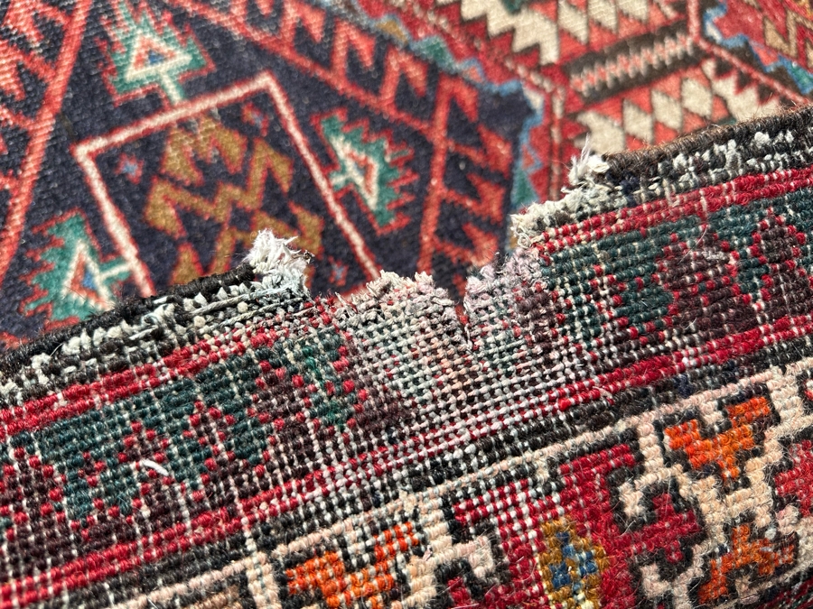 Vintage Stunning Hand-Knotted Wool Geometric Tribal Persian Heriz Runner Rug 44 X 172 (See Photos For Damage To Edge Of Rug Midway On Right) [Photo 14]