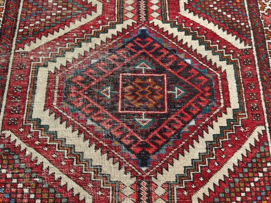 Vintage Stunning Hand-Knotted Wool Geometric Tribal Persian Heriz Runner Rug 44 X 172 (See Photos For Damage To Edge Of Rug Midway On Right) [Photo 10]