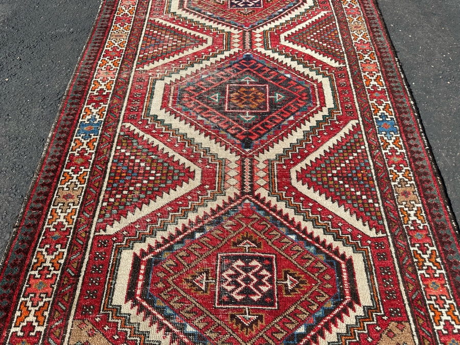 Vintage Stunning Hand-Knotted Wool Geometric Tribal Persian Heriz Runner Rug 44 X 172 (See Photos For Damage To Edge Of Rug Midway On Right) [Photo 9]