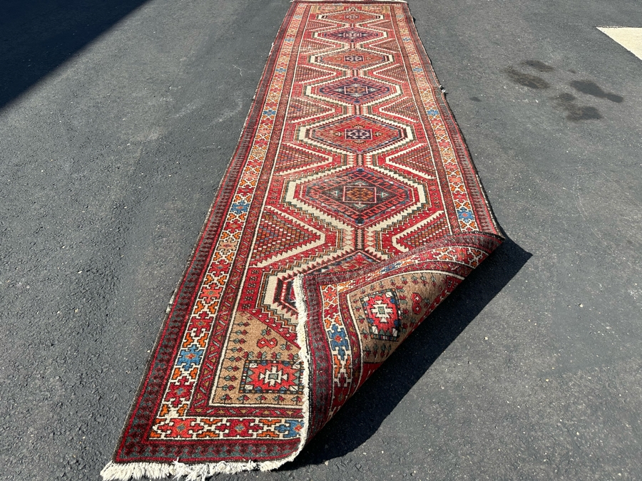 Vintage Stunning Hand-Knotted Wool Geometric Tribal Persian Heriz Runner Rug 44 X 172 (See Photos For Damage To Edge Of Rug Midway On Right) [Photo 16]