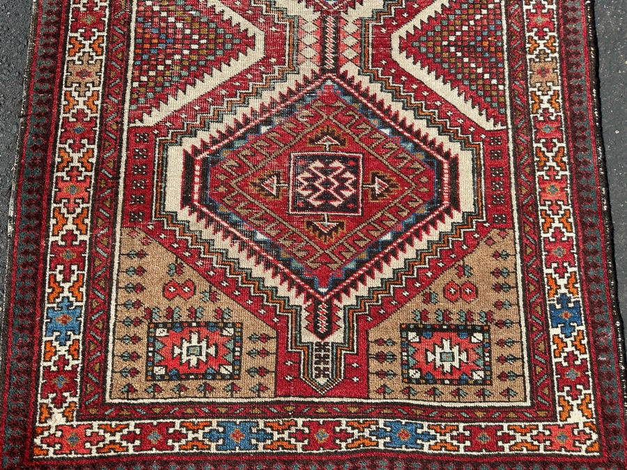 Vintage Stunning Hand-Knotted Wool Geometric Tribal Persian Heriz Runner Rug 44 X 172 (See Photos For Damage To Edge Of Rug Midway On Right) [Photo 8]