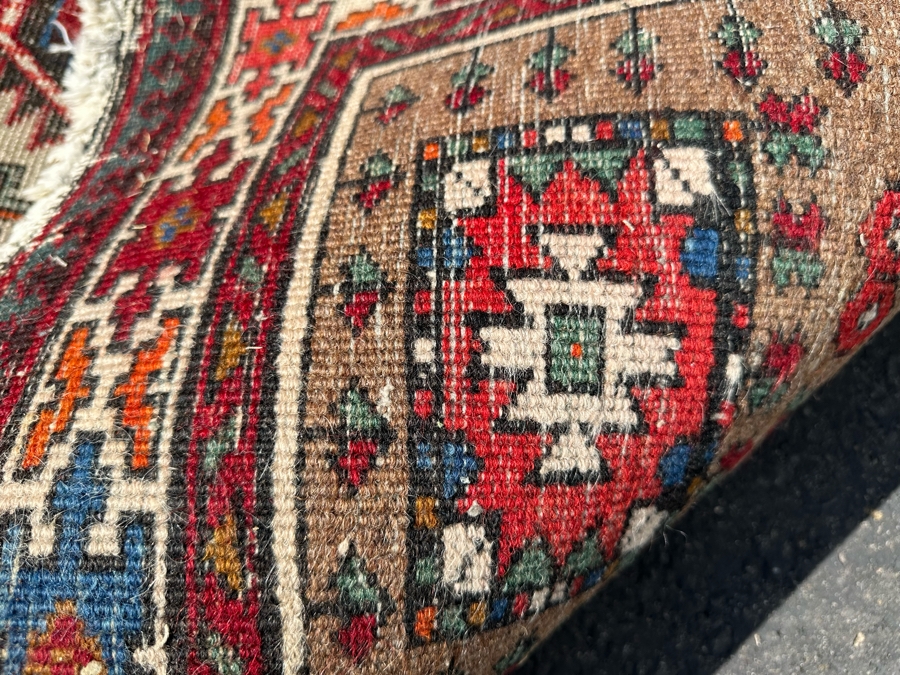Vintage Stunning Hand-Knotted Wool Geometric Tribal Persian Heriz Runner Rug 44 X 172 (See Photos For Damage To Edge Of Rug Midway On Right) [Photo 17]