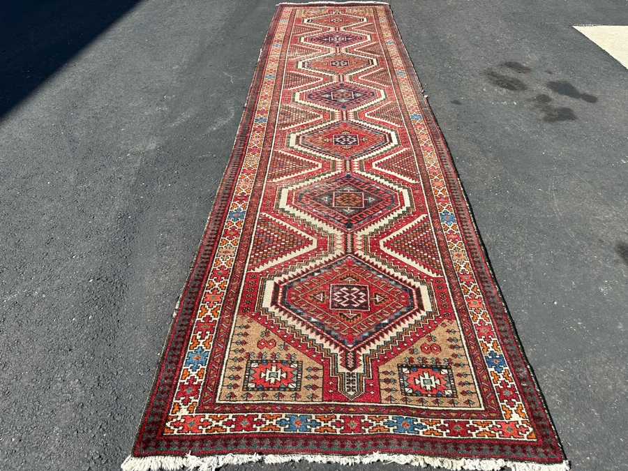 Vintage Stunning Hand-Knotted Wool Geometric Tribal Persian Heriz Runner Rug 44 X 172 (See Photos For Damage To Edge Of Rug Midway On Right) [Photo 4]
