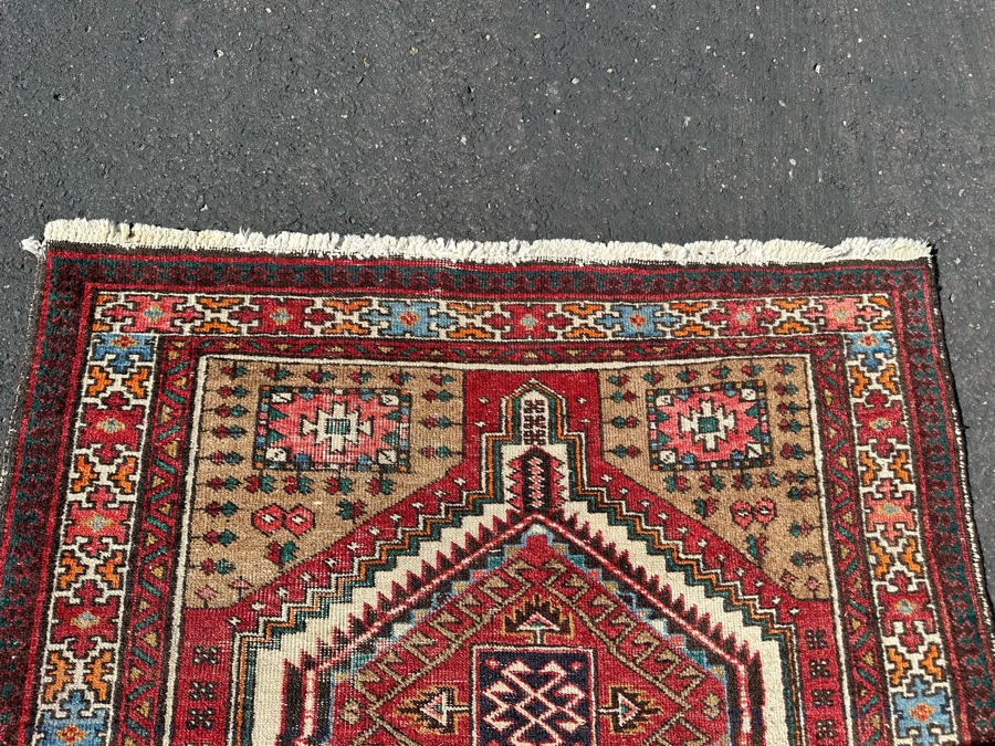 Vintage Stunning Hand-Knotted Wool Geometric Tribal Persian Heriz Runner Rug 44 X 172 (See Photos For Damage To Edge Of Rug Midway On Right) [Photo 15]