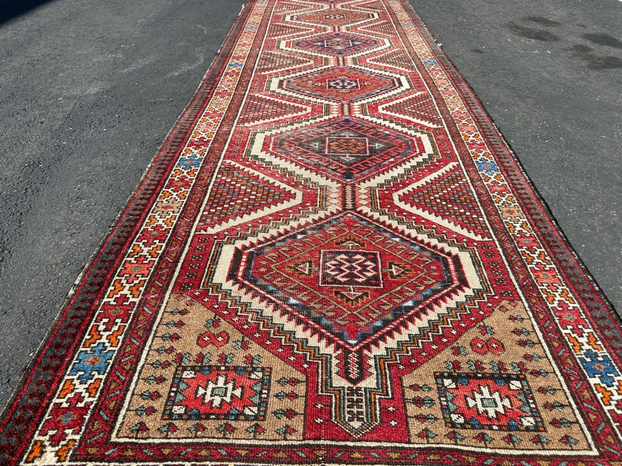 Vintage Stunning Hand-Knotted Wool Geometric Tribal Persian Heriz Runner Rug 44 X 172 (See Photos For Damage To Edge Of Rug Midway On Right) [Photo 6]