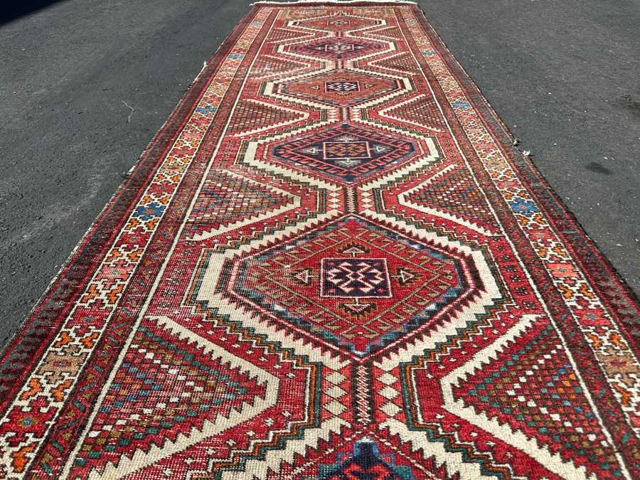 Vintage Stunning Hand-Knotted Wool Geometric Tribal Persian Heriz Runner Rug 44 X 172 (See Photos For Damage To Edge Of Rug Midway On Right) [Photo 12]