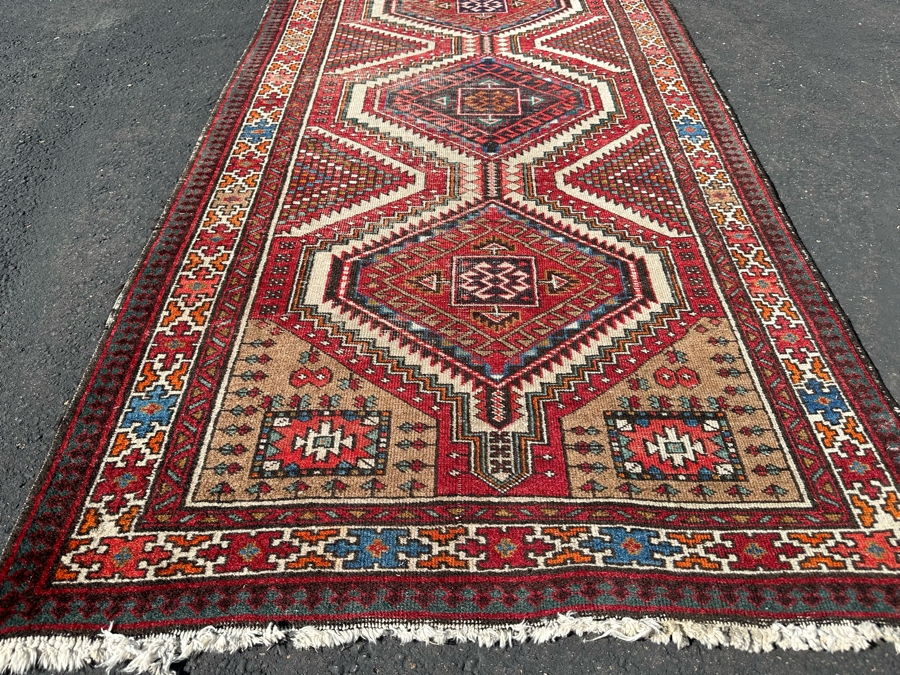 Vintage Stunning Hand-Knotted Wool Geometric Tribal Persian Heriz Runner Rug 44 X 172 (See Photos For Damage To Edge Of Rug Midway On Right) [Photo 5]