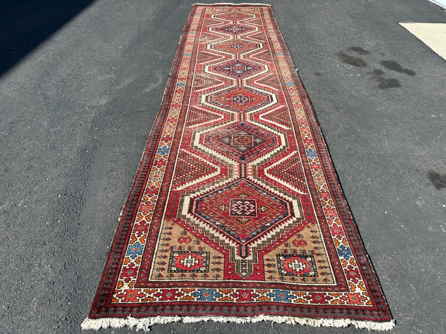 Vintage Stunning Hand-Knotted Wool Geometric Tribal Persian Heriz Runner Rug 44 X 172 (See Photos For Damage To Edge Of Rug Midway On Right) [Photo 2]
