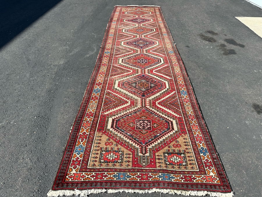 Vintage Stunning Hand-Knotted Wool Geometric Tribal Persian Heriz Runner Rug 44 X 172 (See Photos For Damage To Edge Of Rug Midway On Right) [Photo 3]