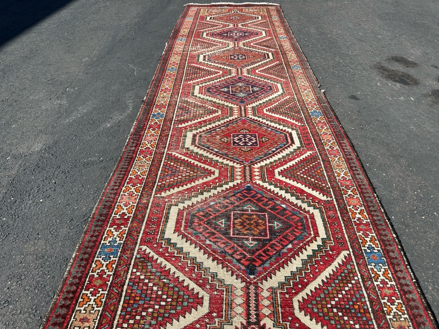 Vintage Stunning Hand-Knotted Wool Geometric Tribal Persian Heriz Runner Rug 44 X 172 (See Photos For Damage To Edge Of Rug Midway On Right) [Photo 7]
