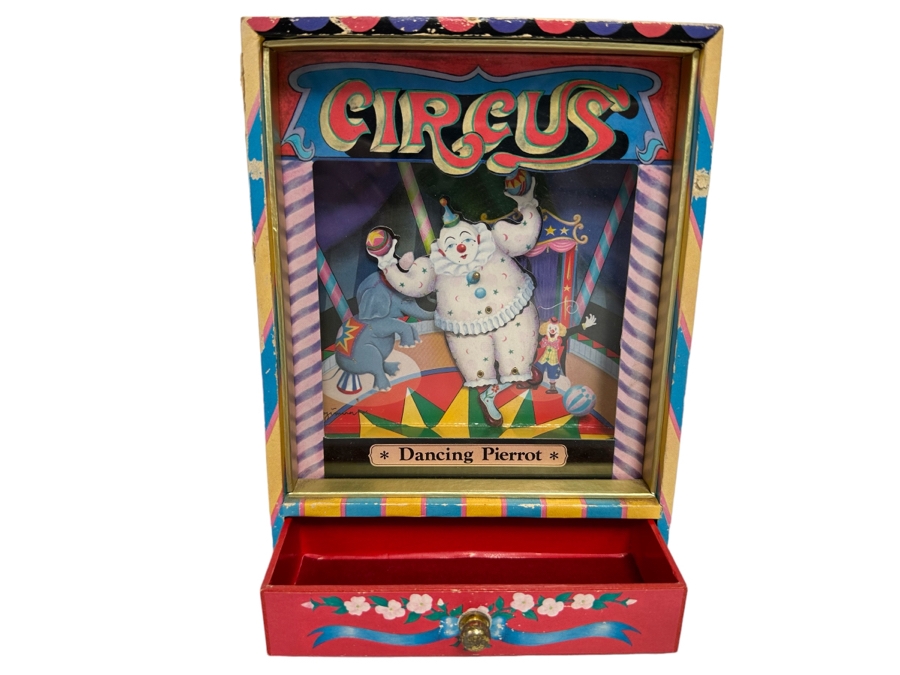 Vintage Circus Dancing Clown Music Diorama Box With Drawer 'Dancing Pierrot' 6W X 3D X 8H