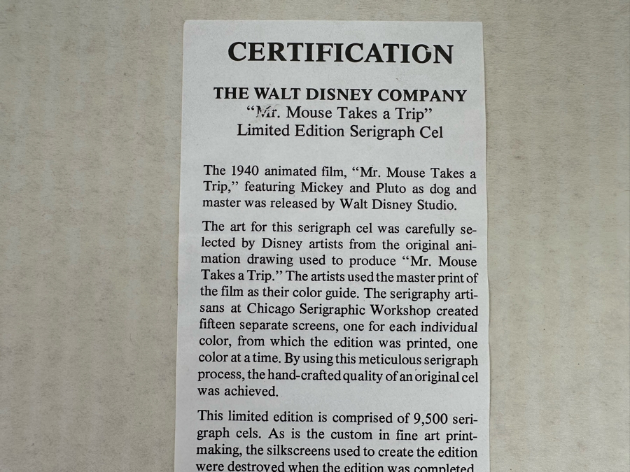 Walt Disney Limited Edition Serigraph Cel From 1940 Animated Film 'Mr. Mouse Takes A Trip' Featuring Mickey Mouse And Pluto Limited To 9,500 13.5 X 9.5 Framed 21 X 17 [Photo 14]