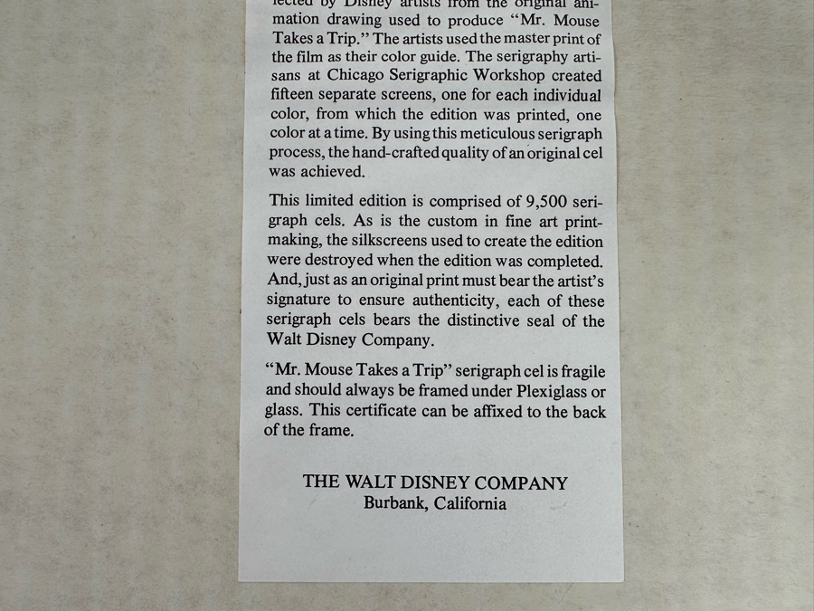 Walt Disney Limited Edition Serigraph Cel From 1940 Animated Film 'Mr. Mouse Takes A Trip' Featuring Mickey Mouse And Pluto Limited To 9,500 13.5 X 9.5 Framed 21 X 17 [Photo 15]