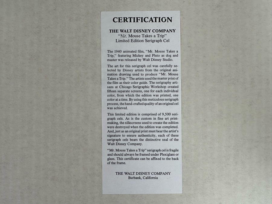 Walt Disney Limited Edition Serigraph Cel From 1940 Animated Film 'Mr. Mouse Takes A Trip' Featuring Mickey Mouse And Pluto Limited To 9,500 13.5 X 9.5 Framed 21 X 17 [Photo 13]