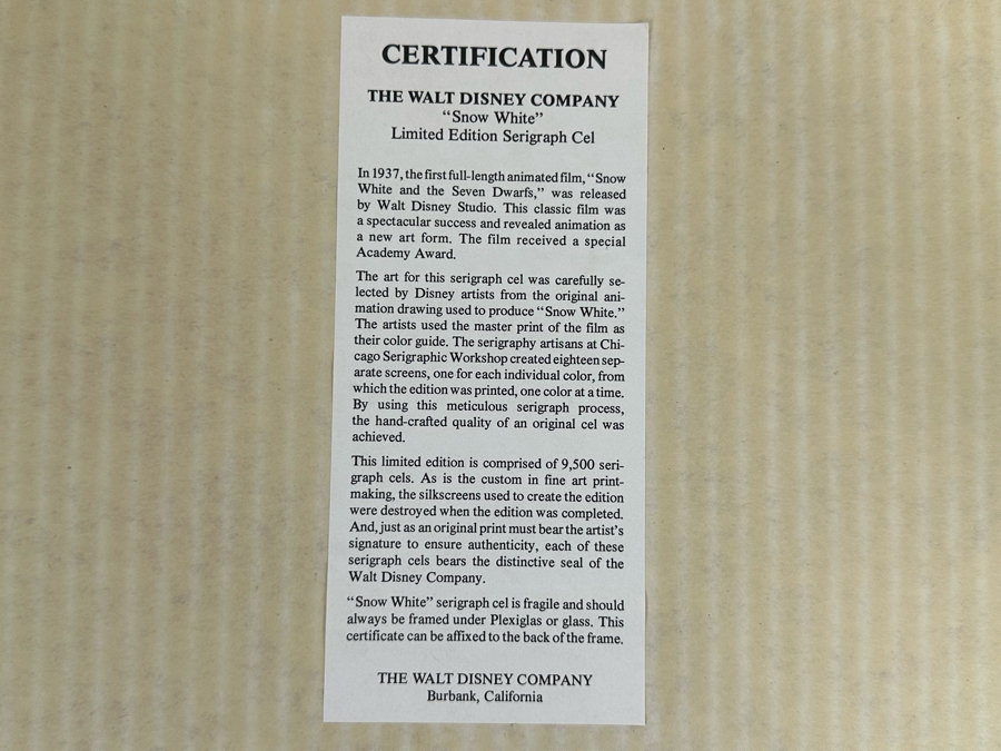 Walt Disney Limited Edition Serigraph Cel 'Snow White' Limited To 9,500 13.5 X 9.5 Framed 21 X 17 [Photo 7]