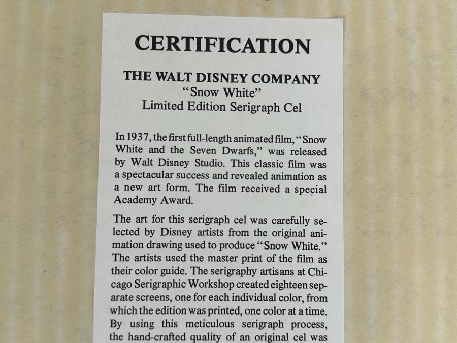 Walt Disney Limited Edition Serigraph Cel 'Snow White' Limited To 9,500 13.5 X 9.5 Framed 21 X 17 [Photo 8]