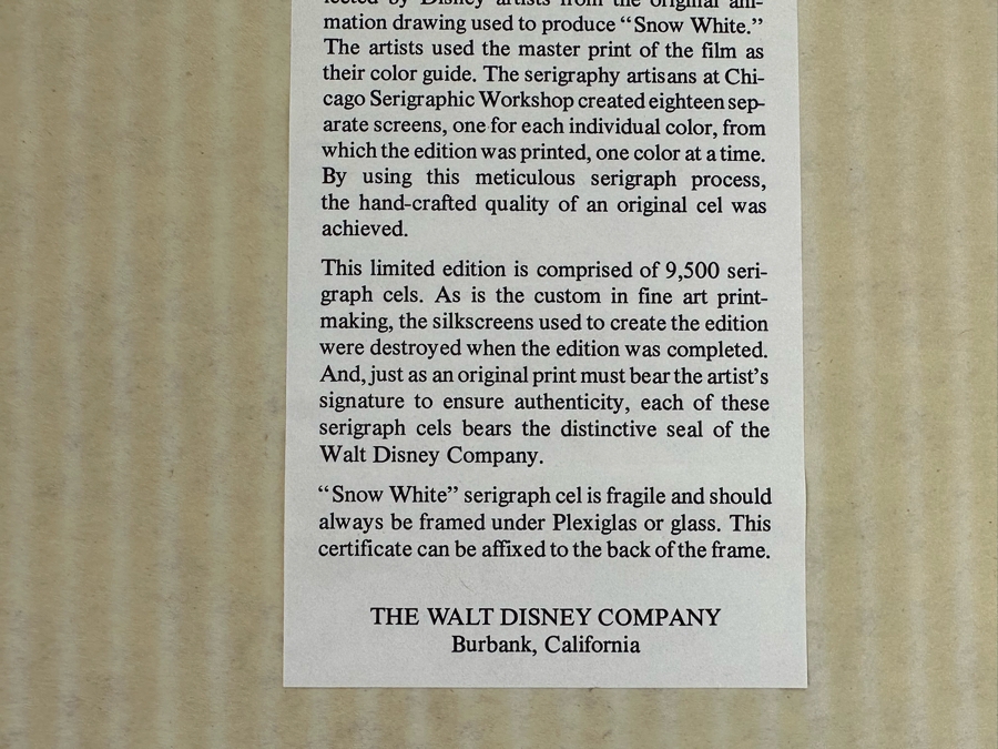 Walt Disney Limited Edition Serigraph Cel 'Snow White' Limited To 9,500 13.5 X 9.5 Framed 21 X 17 [Photo 9]