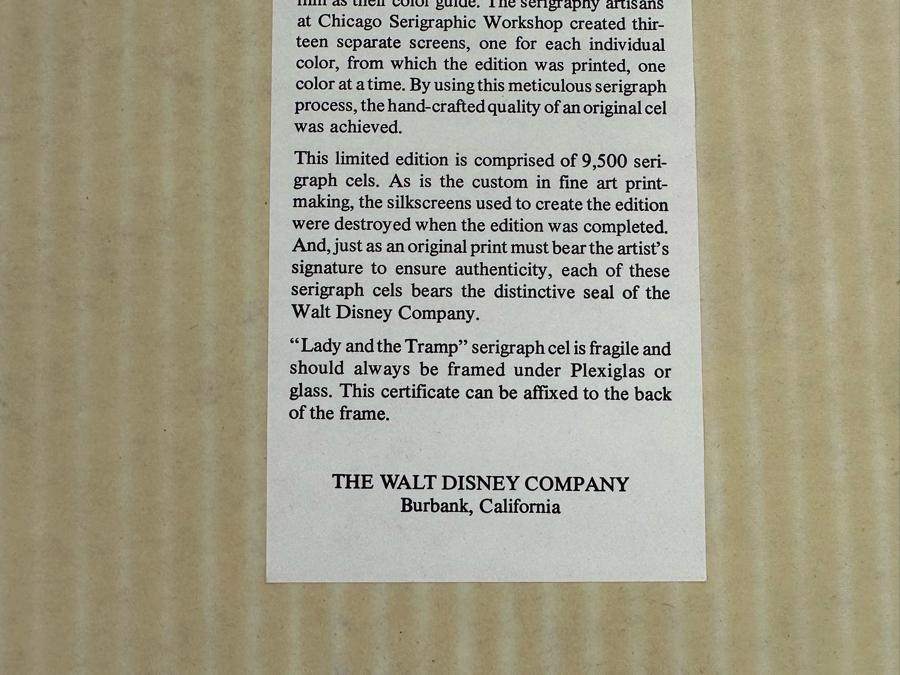 Walt Disney Limited Edition Serigraph Cel 'Lady And The Tramp' Limited To 9,500 13.5 X 9.5 Framed 21 X 17 [Photo 7]