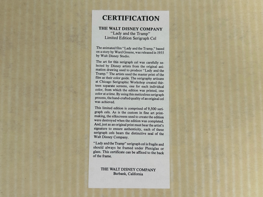 Walt Disney Limited Edition Serigraph Cel 'Lady And The Tramp' Limited To 9,500 13.5 X 9.5 Framed 21 X 17 [Photo 5]