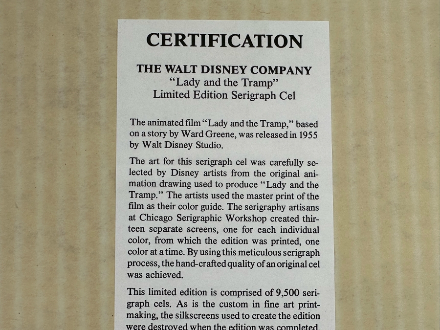 Walt Disney Limited Edition Serigraph Cel 'Lady And The Tramp' Limited To 9,500 13.5 X 9.5 Framed 21 X 17 [Photo 6]