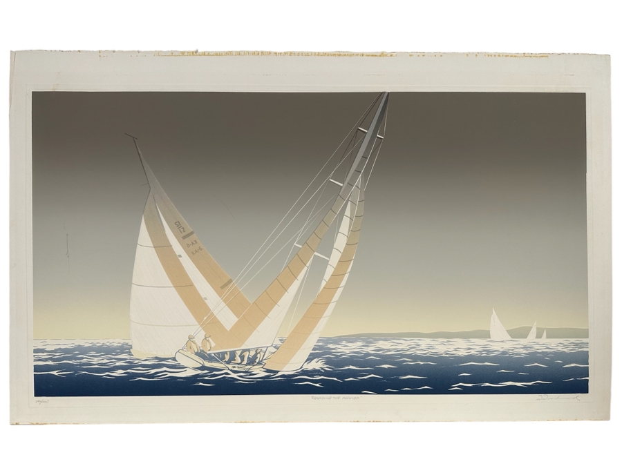 Limited Edition Signed Sailing Embossed Serigraph By Warren Woodward Titled 'Rounding The Marker' 41 X 23