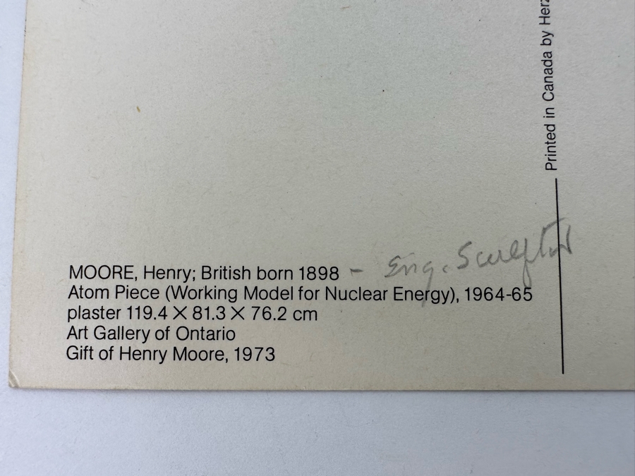 Henry Moore (1831-1895, United Kingdom) Hand Signed Art Gallery Of Ontario Postcard Of The Atom Piece (Working Model For Nuclear Energy) 1964-1965 6 X 4 [Photo 10]