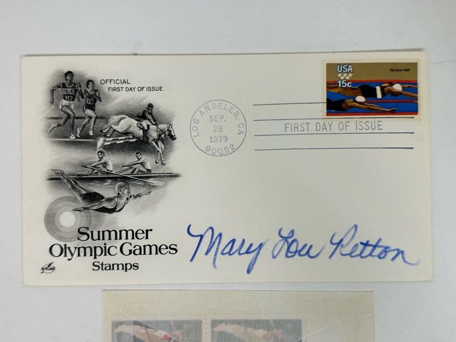 Signed Mary Lou Retton Olympic Gymnast First Day Cover 1972 And Mint Olympic Gymnast Stamps [Photo 4]