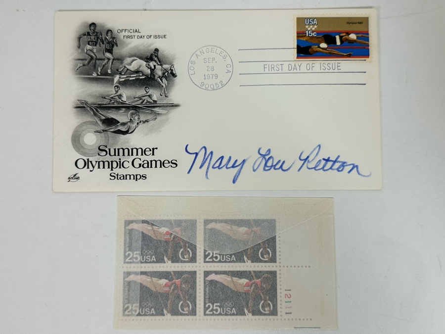 Signed Mary Lou Retton Olympic Gymnast First Day Cover 1972 And Mint Olympic Gymnast Stamps [Photo 3]