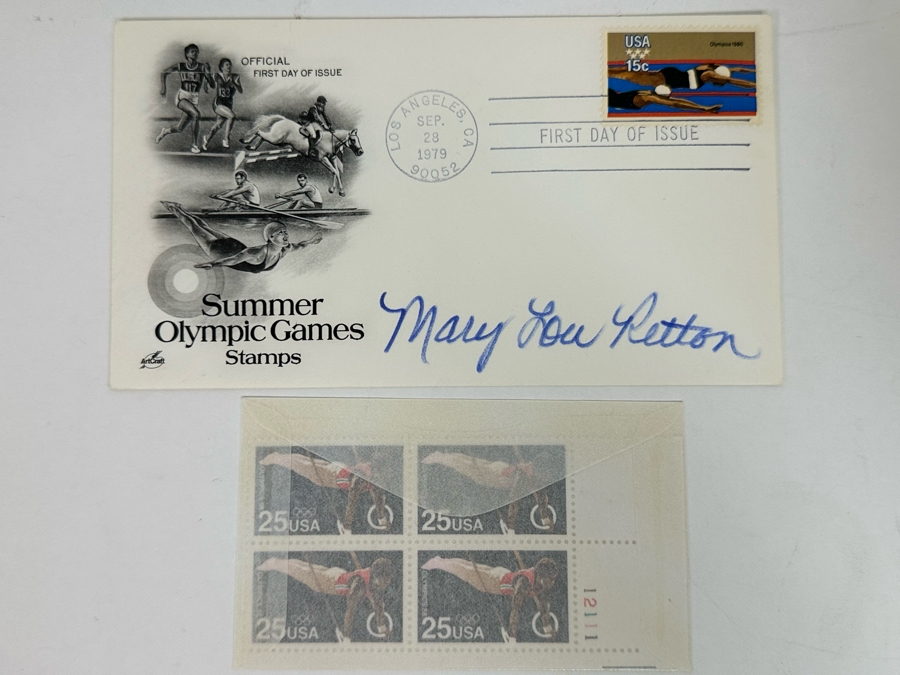 Signed Mary Lou Retton Olympic Gymnast First Day Cover 1972 And Mint Olympic Gymnast Stamps [Photo 2]