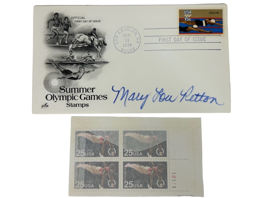 Signed Mary Lou Retton Olympic Gymnast First Day Cover 1972 And Mint Olympic Gymnast Stamps [Photo 1]