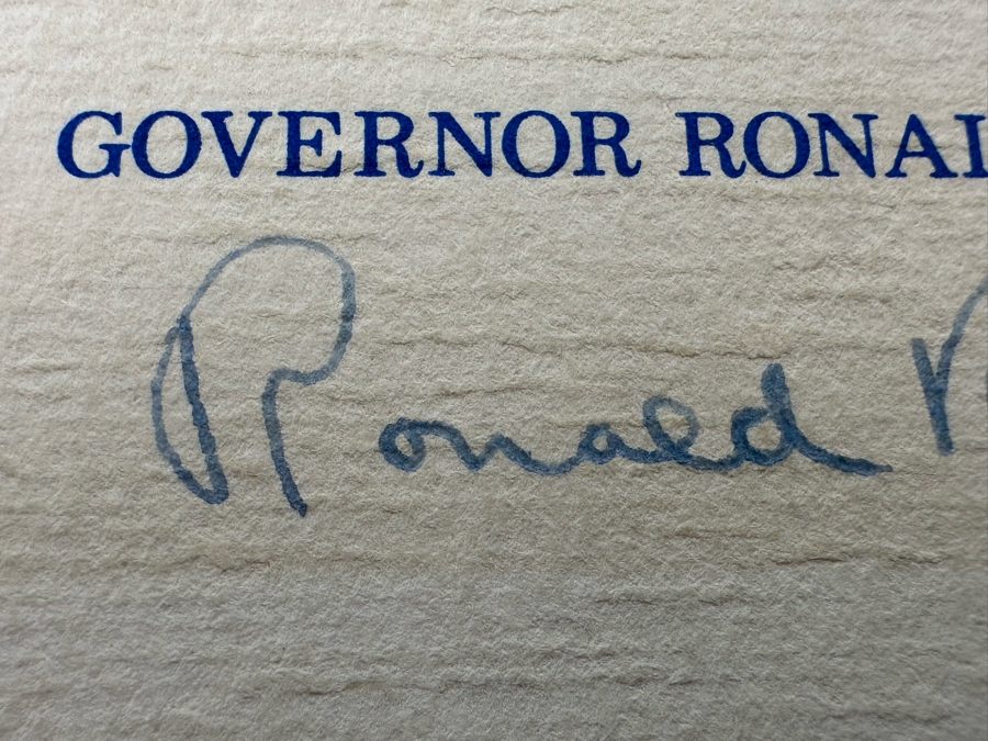Vintage Hand Signed Ronald Reagan Governor Ronald Reagan Business Card 3.75 X 2.75 And Pair Of Vintage Reagan Pins [Photo 6]