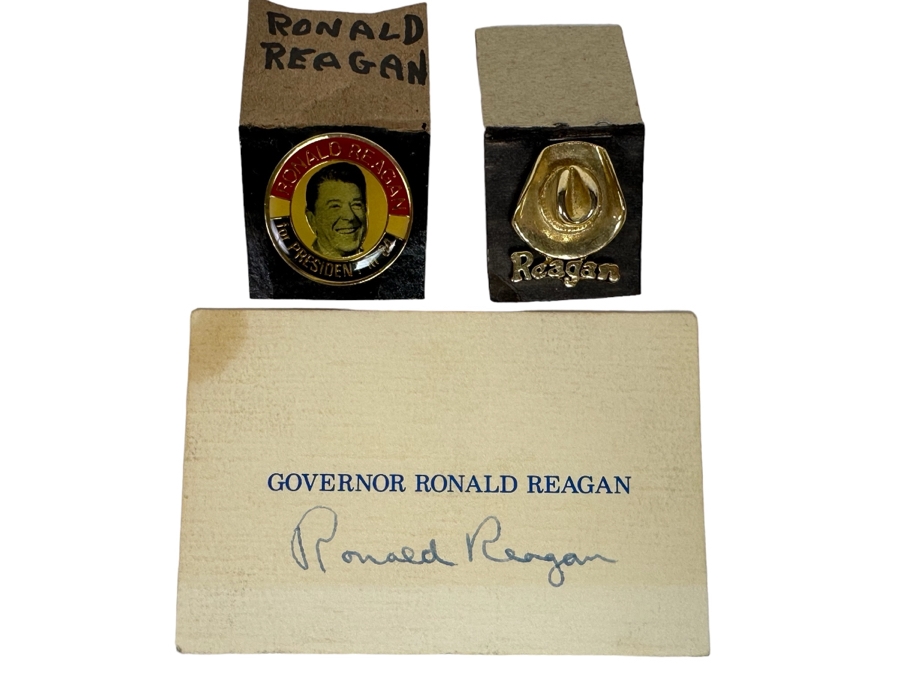 Vintage Hand Signed Ronald Reagan Governor Ronald Reagan Business Card 3.75 X 2.75 And Pair Of Vintage Reagan Pins