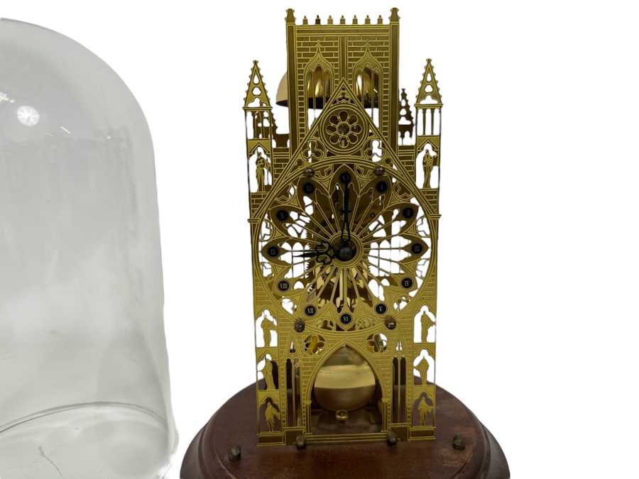 The York Minster Cathedral Skeleton Clock By Franklin Mint 1984 FMCG Franz Hermle Under Glass Dome 7W X 12H