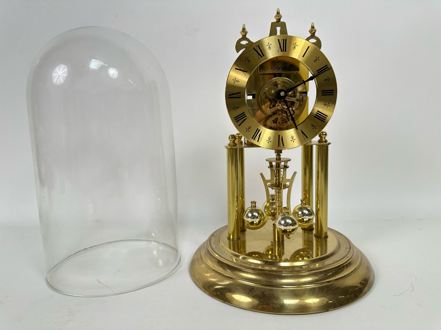 Vintage Elgin S. Haller German Movement Anniversary Clock Under Glass Dome 8W X 11.5H [Photo 4]