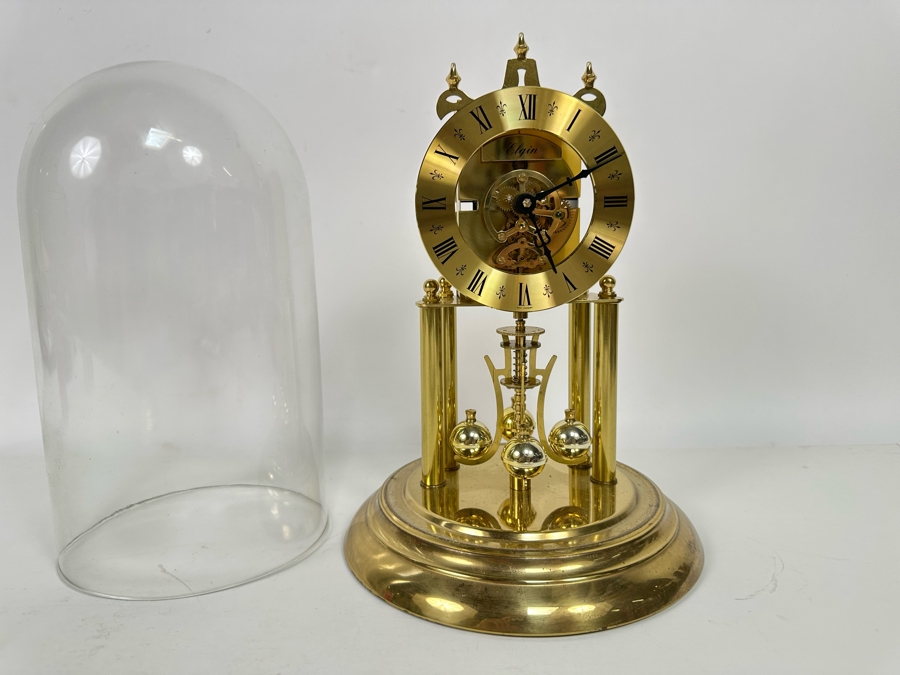 Vintage Elgin S. Haller German Movement Anniversary Clock Under Glass Dome 8W X 11.5H [Photo 6]