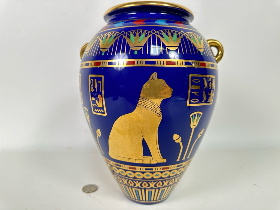 Vintage 1987 Franklin Mint 'The Golden Vase Of Bast' By Roushdy Iskander Garas Hand Decorated With 24K Gold Fine Porcelain Vase With Stand 8W X 10.5H [Photo 14]