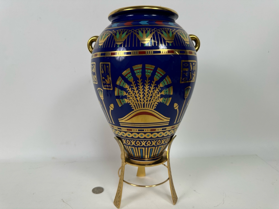 Vintage 1987 Franklin Mint 'The Golden Vase Of Bast' By Roushdy Iskander Garas Hand Decorated With 24K Gold Fine Porcelain Vase With Stand 8W X 10.5H [Photo 3]