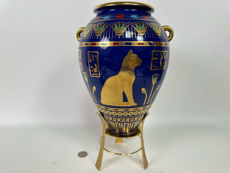 Vintage 1987 Franklin Mint 'The Golden Vase Of Bast' By Roushdy Iskander Garas Hand Decorated With 24K Gold Fine Porcelain Vase With Stand 8W X 10.5H [Photo 5]