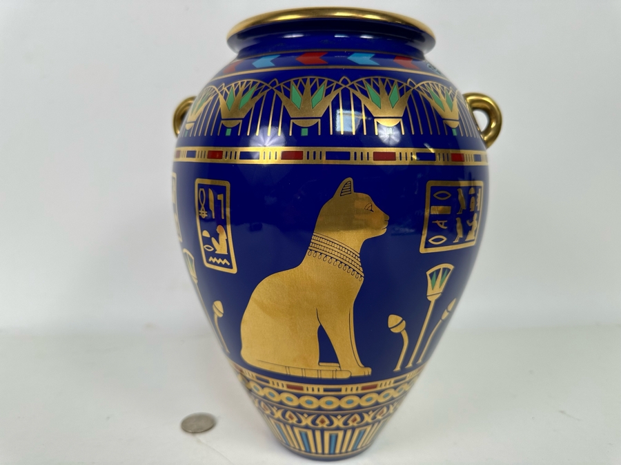 Vintage 1987 Franklin Mint 'The Golden Vase Of Bast' By Roushdy Iskander Garas Hand Decorated With 24K Gold Fine Porcelain Vase With Stand 8W X 10.5H [Photo 13]
